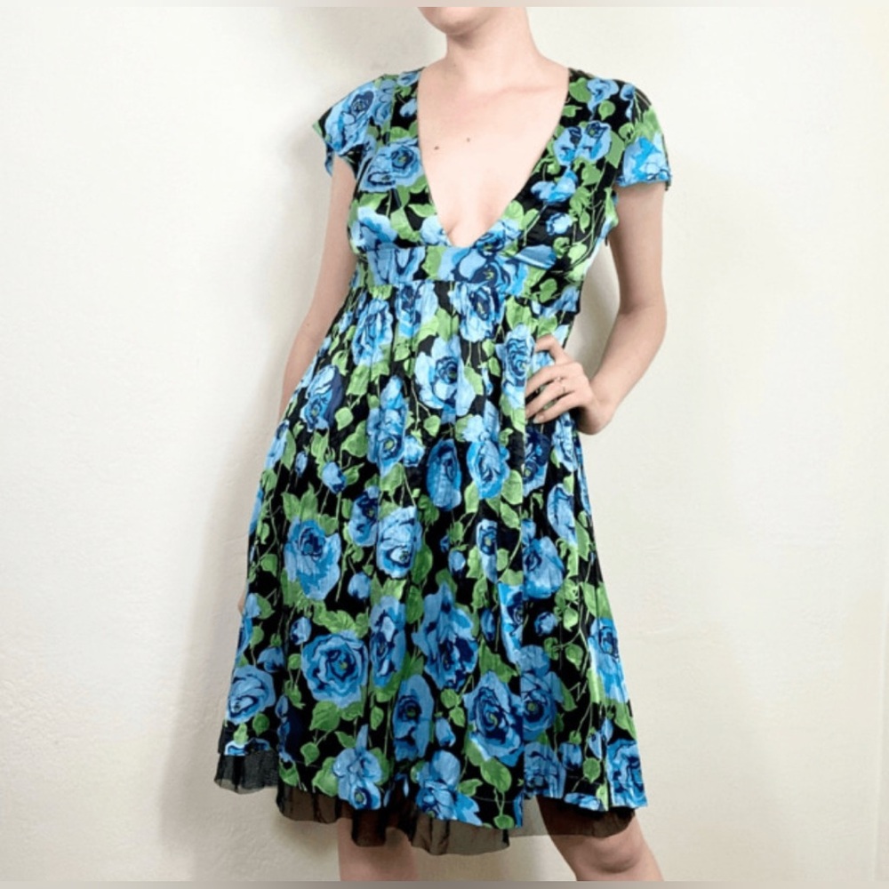 New with tags Free People Spring Roses Silk Floral Dress Blue Green Black Sz 10